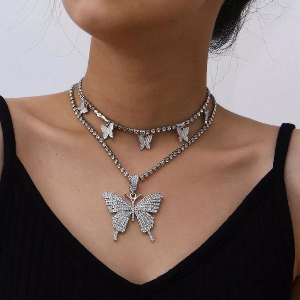 Luxury Rhinestone Set of Two Necklaces Choker Butterfly - Picture 2 of 6